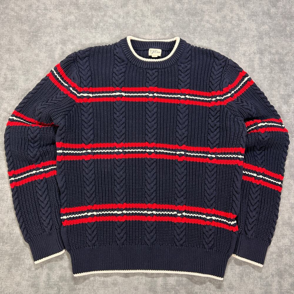 J.Crew Heritage Cotton Cable Knit Sweater Navy Red Ivory Stripe Womens XL Heavy